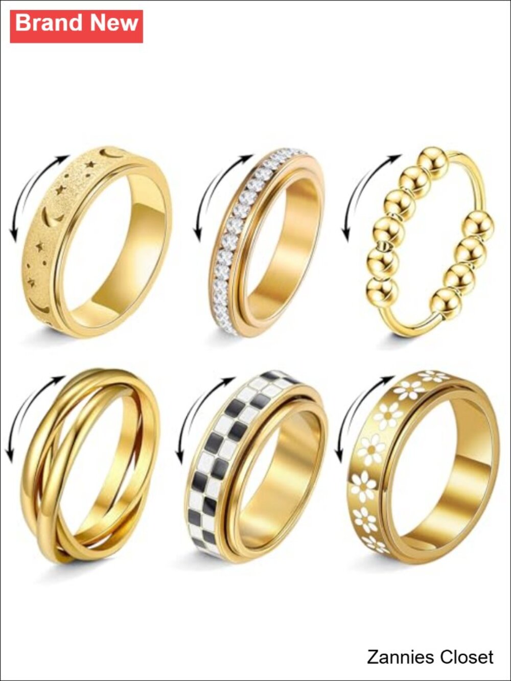 💍 Stainless Steel Spinner Ring Set Anxiety Fidget Rings Cubic Zirconia